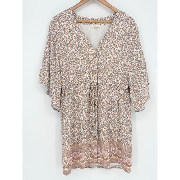 Entro Cinch Drawstring Waist Flutter Sleeve Floral Button Front Dress Size S - Picture 2 of 8